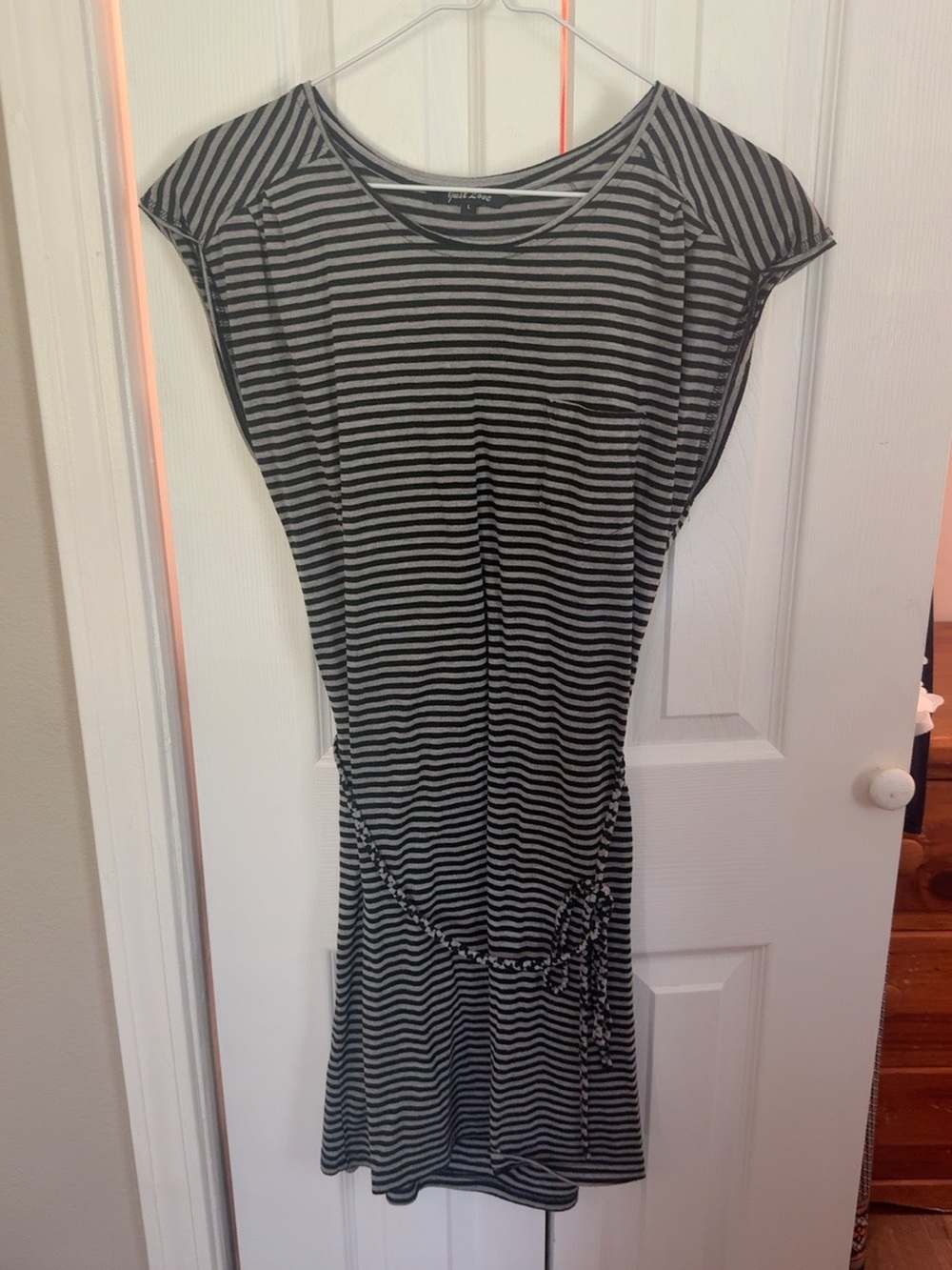 First Love Striped Tie Waist Casual Dress Black Gray Size L